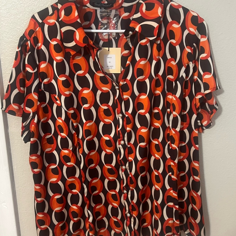 SMAK PARLOUR Red and Black V-Neck Blouse with Geometric Pattern